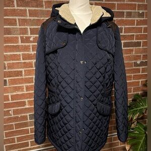 Navy Quilted Coat with Removable Fur Hood